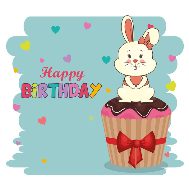mutlu Doğum günü kartı ile sevimli tavşan vektör çizim tasarım - Vektör, Görsel