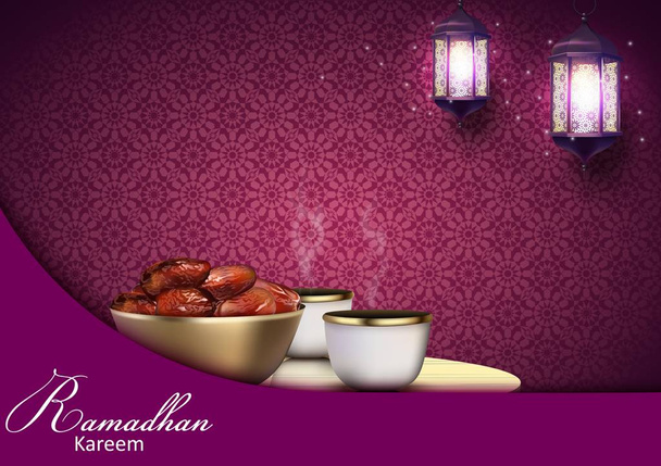 Ramadan Kareem achtergrond. Iftar partij met traditionele koffiekopje, kom datums en lantaarns opknoping in een paarse gloeiende achtergrond - Vector, afbeelding