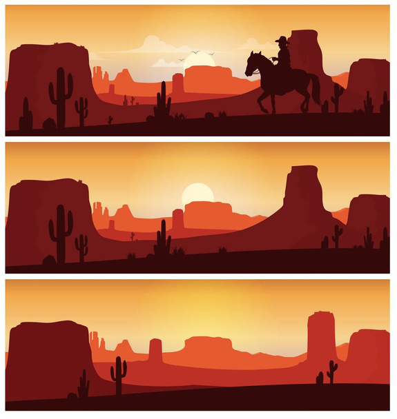 Cowboy ratsastaa auringonlaskun taustalla. Villi Länsi siluetit bannerit
 - Vektori, kuva