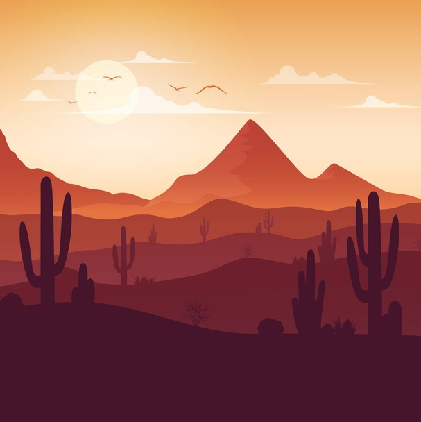 Paisagem do deserto com cactos no fundo do pôr-do-sol
 - Vetor, Imagem