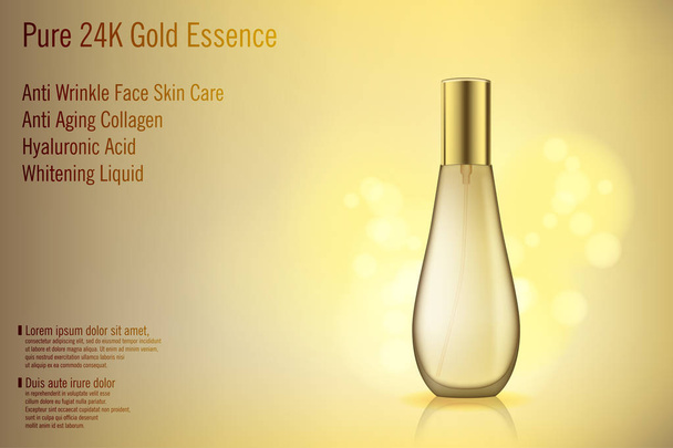 3D Realistic Gold perfume garrafa mockup com bokeh dourado. Cosmético de vidro Contém publicidade do produto. Design de produto de mulher cosmética. Ilustração vetorial
. - Vetor, Imagem