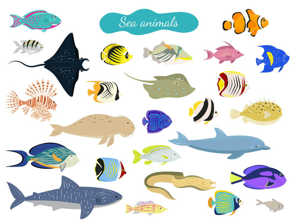 Set of cartoon sea animals on white background. Vector illustration. - Vector, afbeelding