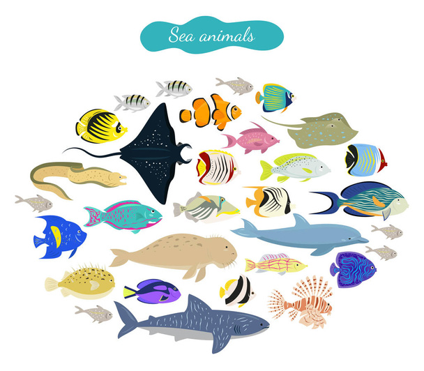 Set of cartoon sea animals on white background. Vector illustration. - Вектор,изображение