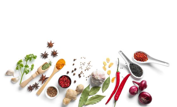 Composition with various spices on white background - Фото, изображение