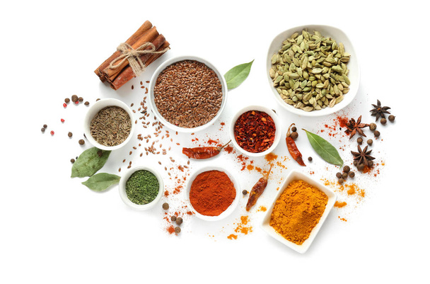 Variety of spices on white background - Photo, image