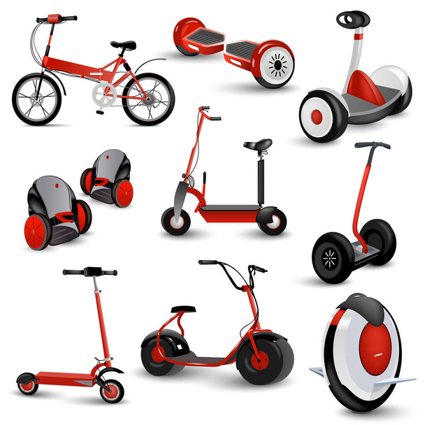 Realistic self-balancing gyro two-wheeled board scooter or hoverboard 3 colorful sets transparent background vector illustration - Vector, Image