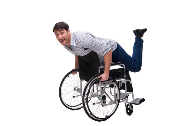 Смотритель с инвалидной коляской изолирован на белом
 - Фото, изображение