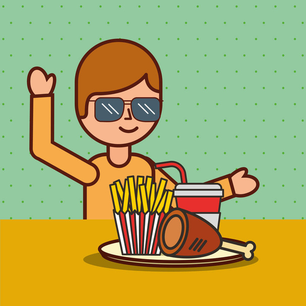 chłopiec kreskówka jedzenie kurczak z frytkami i sody - Wektor, obraz