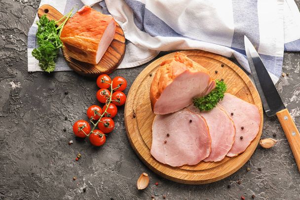 Composition with delicious sliced ham on textured table - Φωτογραφία, εικόνα