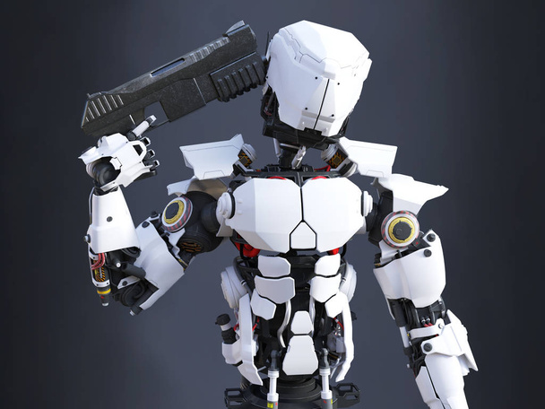απόδοσης 3D φουτουριστικό ρομπότ αστυνομία ή στρατιώτη που κατέχουν ένα όπλο στο κεφάλι του, έτοιμο να αυτοκαταστραφεί. Σκούρο φόντο. - Φωτογραφία, εικόνα