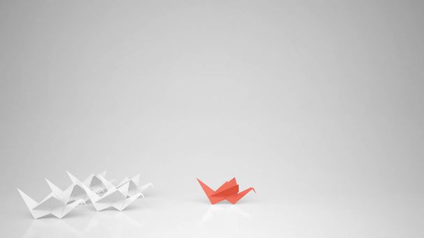 Żurawia Origami papieru czerwony prowadzi grupy żurawi, kierownictwo koncepcja motywacji z kopii, białe tło - Zdjęcie, obraz