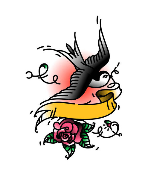 Птах Татуювання ластівки без напис на стрічці а з троянди бутона знизу. Векторні ілюстрації. Татуювання американський старої школи. Птах swift з стрічкою і квітка. Татуювання модель для будь-якого напис. - Вектор, зображення