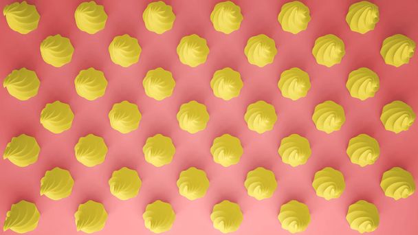 Flat colorful pop art composition with yellow party cupcakes, bakery goodies, on pink background, pattern texture copy space - Valokuva, kuva