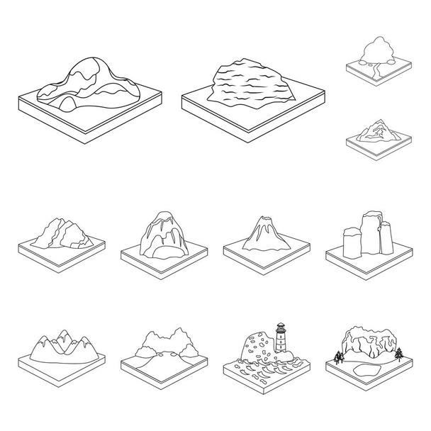 Mountains, massive outline icons in set collection for design. The surface of the earth vector isometric symbol stock web illustration. - Vektor, kép