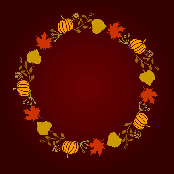 Vector illustration round wreath of autumn leaves yellow green red brown color on a broun background. Can be used for sale banner, web, thanksgiving card - Vektor, obrázek