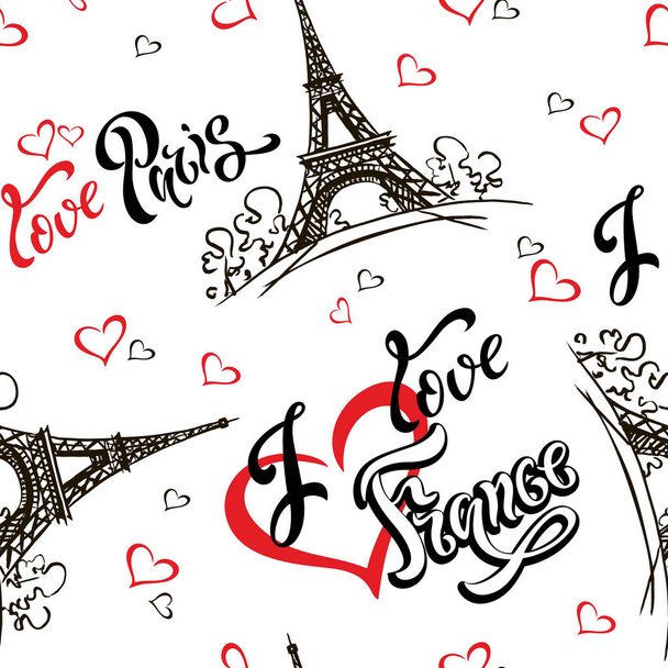 Saumaton kuvio. Rakastan Pariisia. Rakastan Ranskaa. Tyylikäs kirjoitus. Sydämiä. Eiffel-torni. Piirustus
 - Vektori, kuva