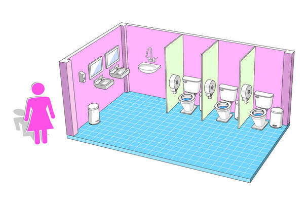 女性施設等角図、ベクトル図での公衆トイレ - ベクター画像