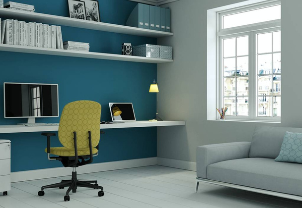 Сучасний Домашній офіс з жовтими стілець і синій стіни інтер'єру Дизайн 3d-рендерінг - Фото, зображення