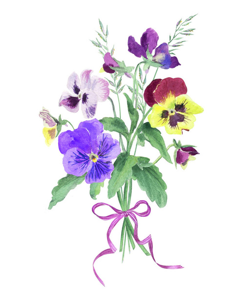 Bouquet of pansies with a bow, watercolor drawing on a white background. - Foto, immagini