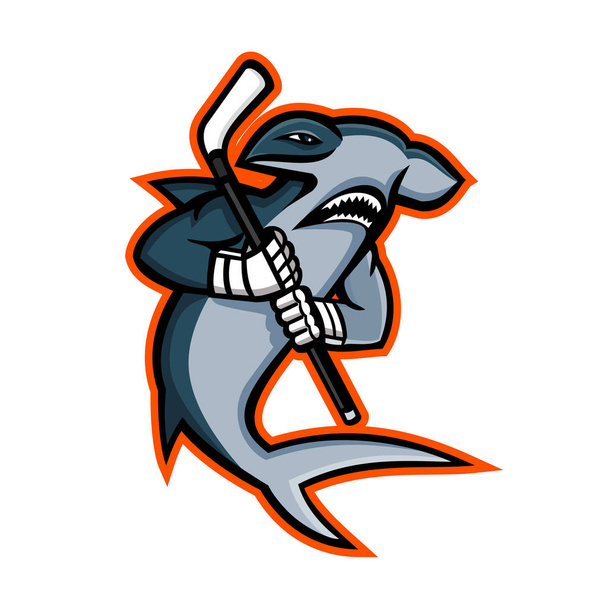 Иконка талисмана акулы-молота, которая является хоккеист с хоккейной клюшкой рассматривается сбоку на изолированном фоне в стиле ретро
. - Вектор,изображение