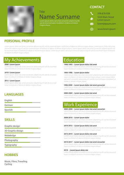 Professional personal resume cv in white green design template vector eps 10 - Vektör, Görsel