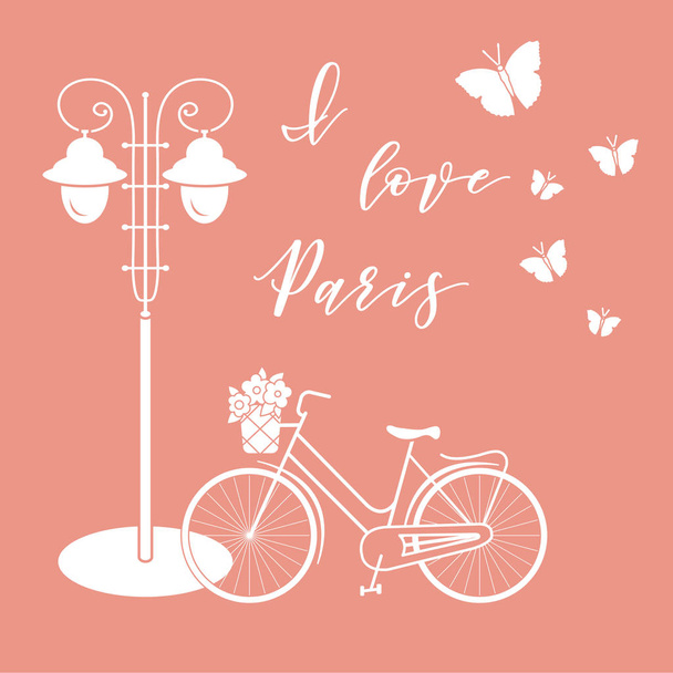 Fahrrad mit einem Korb voller Blumen, Laternen, Schmetterlinge. die Inschrift i love paris. Reisen und Freizeit. - Vektor, Bild