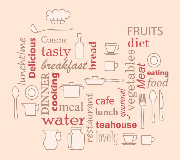 colagem de palavras para cozinha e cozinha com utensílios de cozinha - vetor bege e vermelho
 - Vetor, Imagem