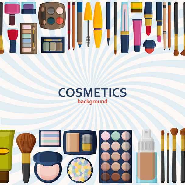Decorative cosmetics for face, lips, skin, eyes, nails, eyebrows and beautycase. Make up background. Flat icons collection - Vector, Image