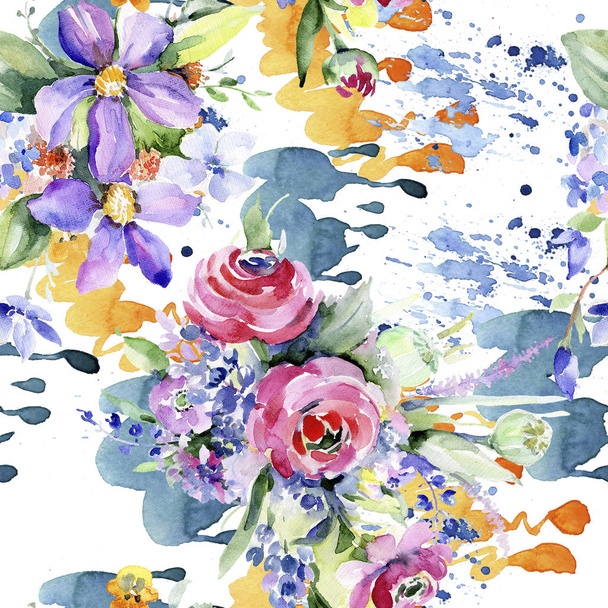 Colorful bouquet. Seamless background pattern. Fabric wallpaper print texture. Aquarelle wildflower for background, texture, wrapper pattern, frame or border. - Фото, изображение