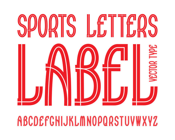 Lettres de sport Type d'étiquette. Police à rayures rouges. Alphabet anglais isolé
. - Vecteur, image