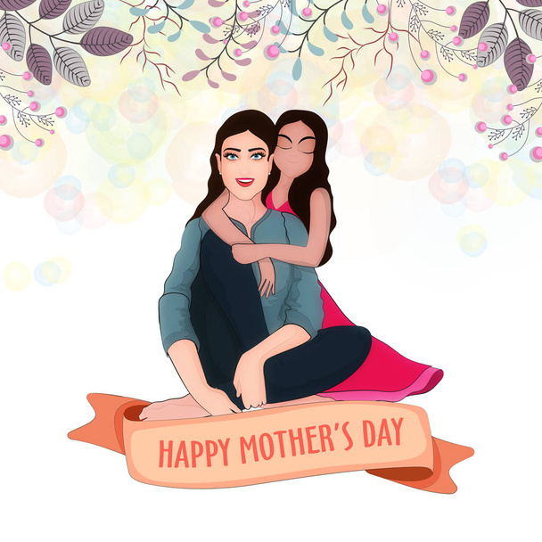 幸せな母の日お祝いコンセプト若い娘が彼女のお母さんに抱擁を与えること。美しい花の装飾が施された背景.  - ベクター画像