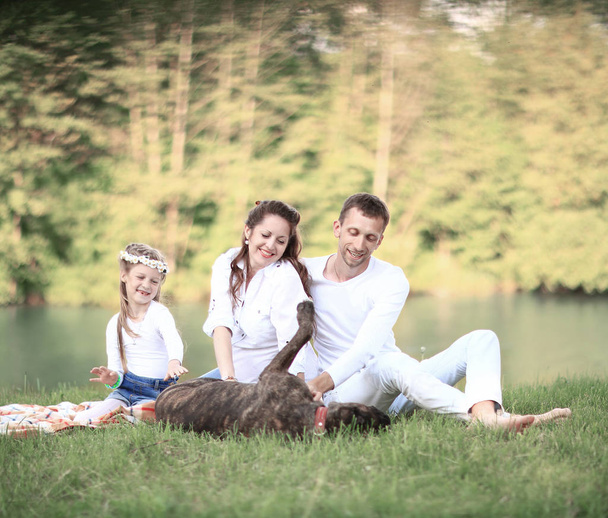 Счастливая семья с собакой на пикнике в солнечный летний день. pregn - Фото, изображение