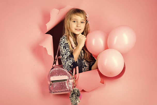 Child Childhood Children Happiness Concept. Small girl child with party balloons, celebration. Beauty and fashion, punchy pastels. Kid with balloons, birthday. Birthday, happiness, childhood, look - 写真・画像