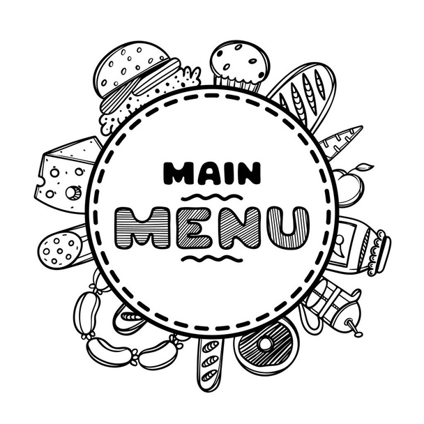 Hand drawn menu for cafe with food. Sketch concept illustration. - Vektori, kuva