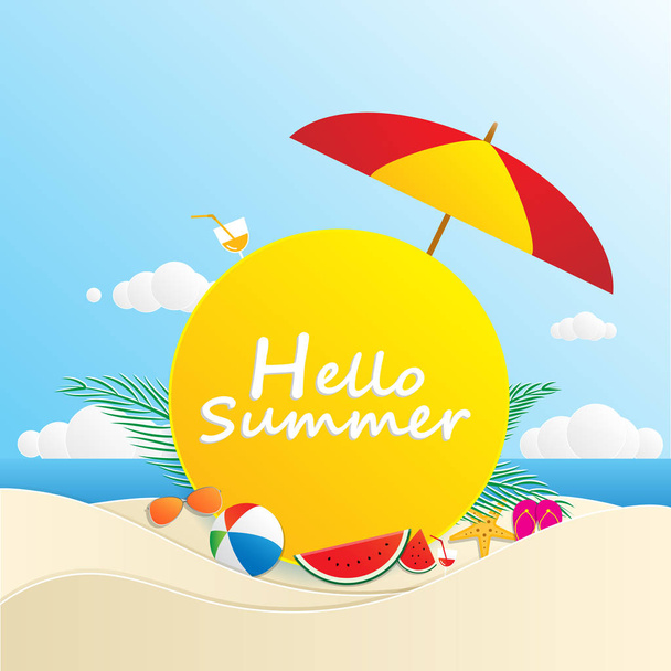 hello summer time design with yellow circle for text and colorful beach elements. Vector illustration. - Διάνυσμα, εικόνα