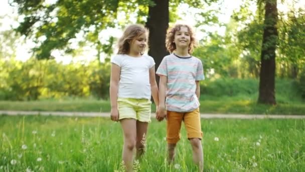 Ein liebendes Paar, ein Junge und ein Mädchen, gehen Händchen haltend durch den Park. Die erste Liebe. Dynamisches Video - Filmmaterial, Video