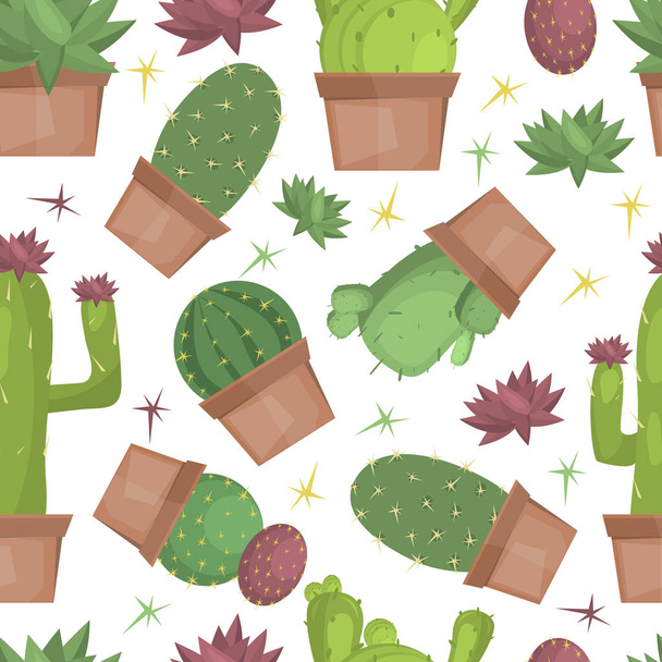 Cacti seamless pattern with green cactus vector illustration. Nature garden print fabric succulen background. Cute plant flower decorative botanical floral wallpaper. - Вектор,изображение