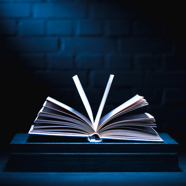 livre ouvert sur surface sombre avec lumière sur les pages
 - Photo, image