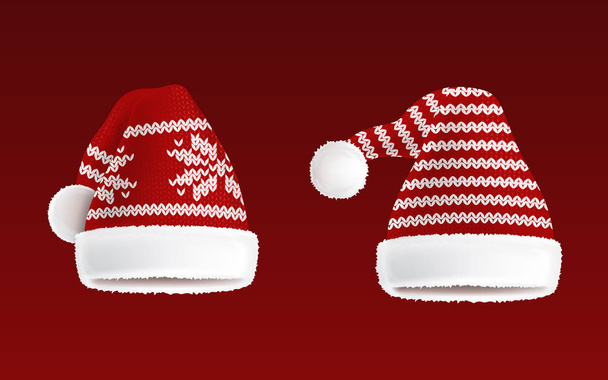 Vector set of two knitted santa hats with pattern - Vector, Image