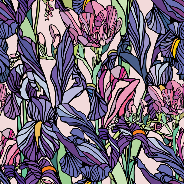 Elegance Seamless pattern with flowers narcissus and iris - Вектор,изображение