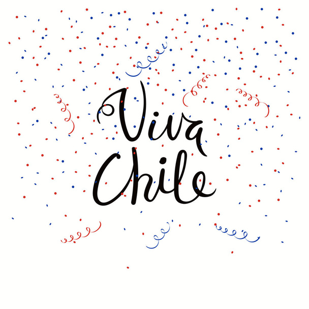 independence day celebration banner template with calligraphic Spanish lettering quote Viva Chile and falling confetti in flag colors, vector, illustration - Vector, Image