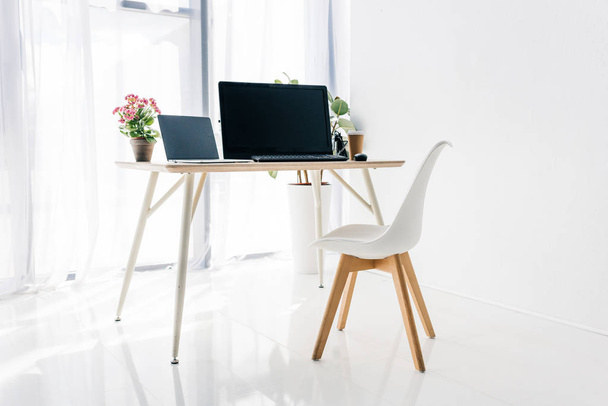 інтер'єр робочого місця зі стільцем, горщиками, ноутбуком і комп'ютером на столі
  - Фото, зображення