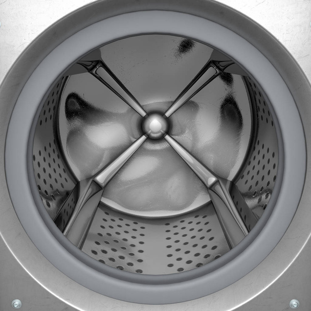 Een close-up van de buitenkant van een industriële wasmachine op zoek naar binnen naar de deur open en lege drum - 3d render - Foto, afbeelding