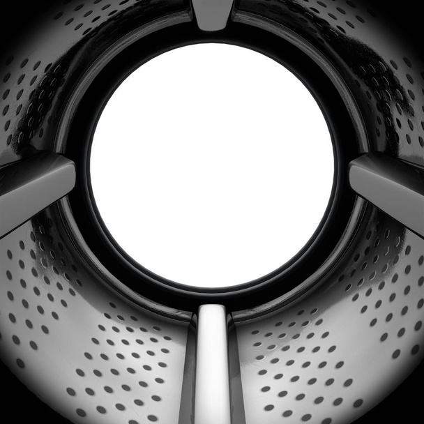 Un gros plan de l'intérieur du tambour d'une machine à laver industrielle regardant vers l'extérieur vers la porte ouverte - rendu 3D
 - Photo, image