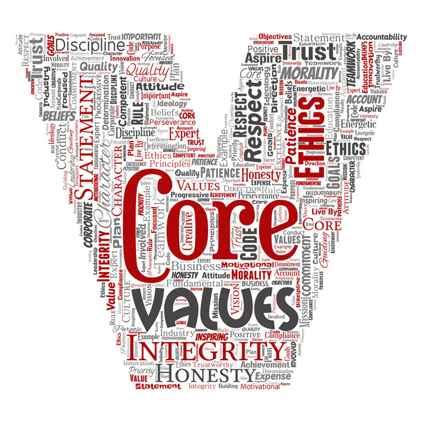 valores centrais conceituais nuvem de palavras em forma de letra fonte V, vetor, ilustração
  - Vetor, Imagem