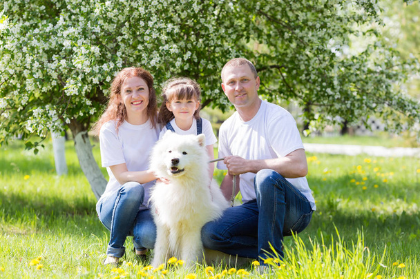 The husband, wife and little daughter in white clothes and jeans, along with a white dog, rest in the garden. - Photo, Image