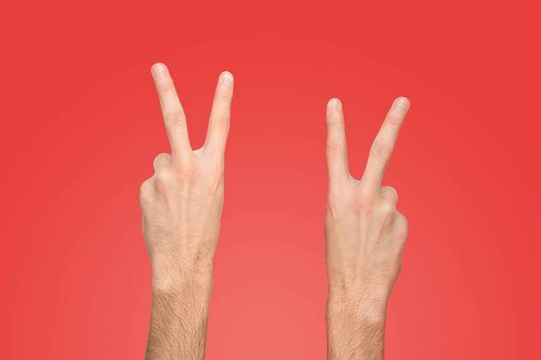 Männerhände zeigen Nummer zwei auf rotem Hintergrund - Foto, Bild