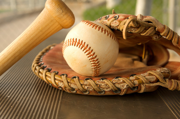 Baseball Bat and Glove in the Dugout - Photo, Image