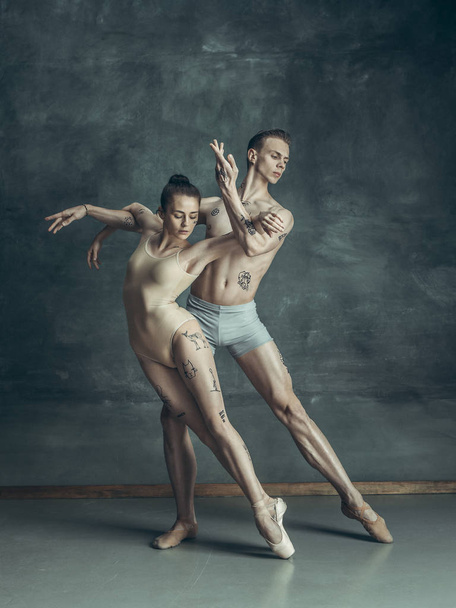 The young modern ballet dancers posing on gray studio background - Photo, Image