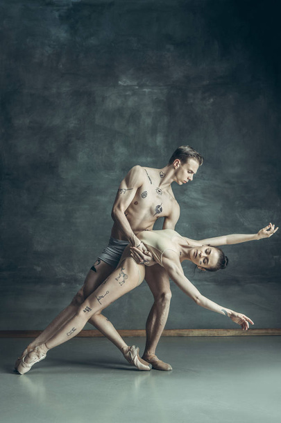The young modern ballet dancers posing on gray studio background - Fotoğraf, Görsel